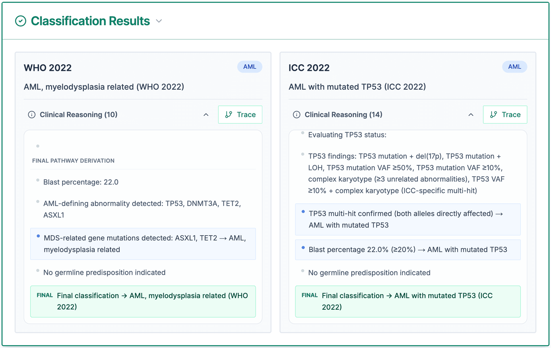 Classification results showing WHO 2022 and ICC 2022 with clinical reasoning traces