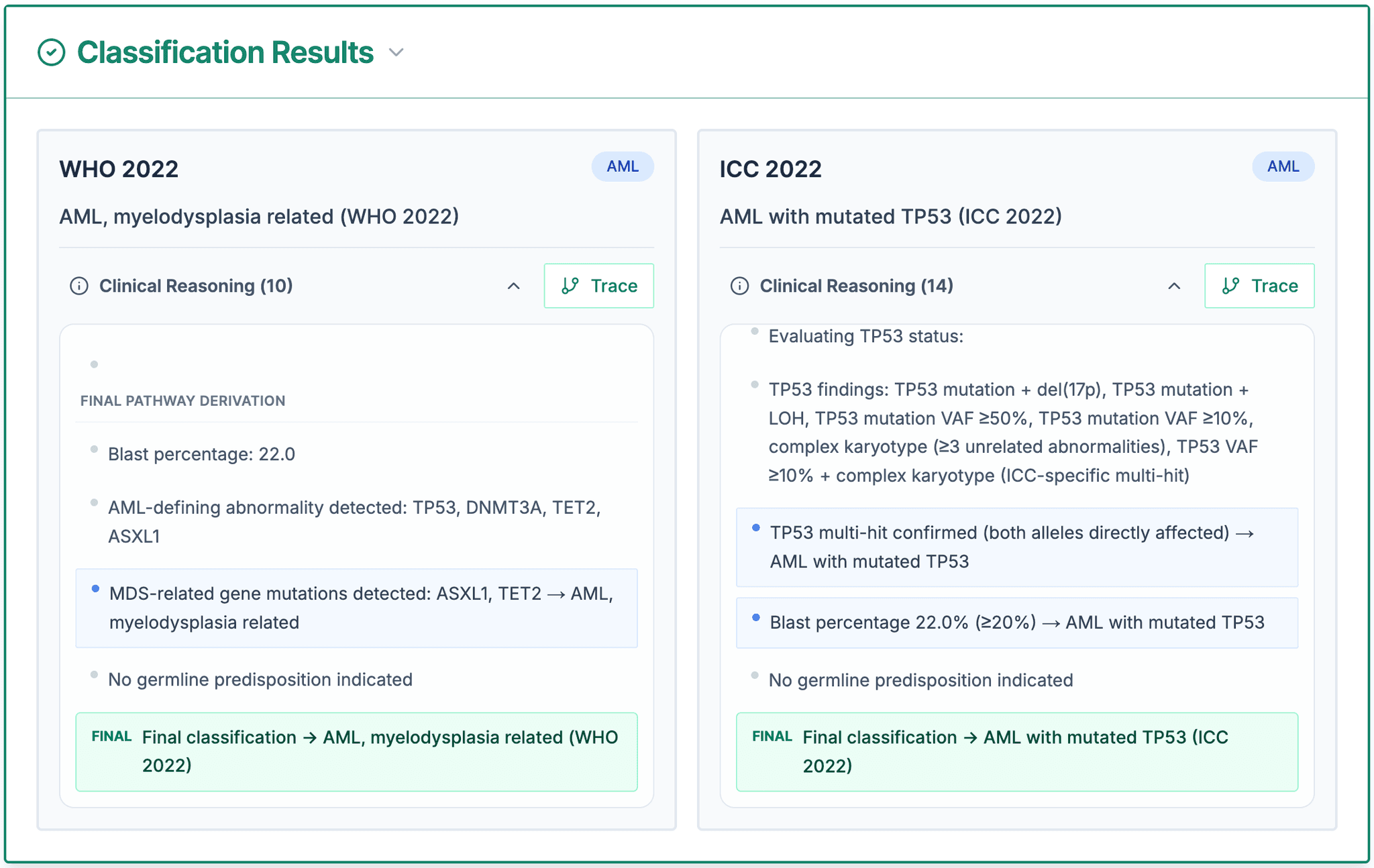 Classification results showing WHO 2022 and ICC 2022 with clinical reasoning traces