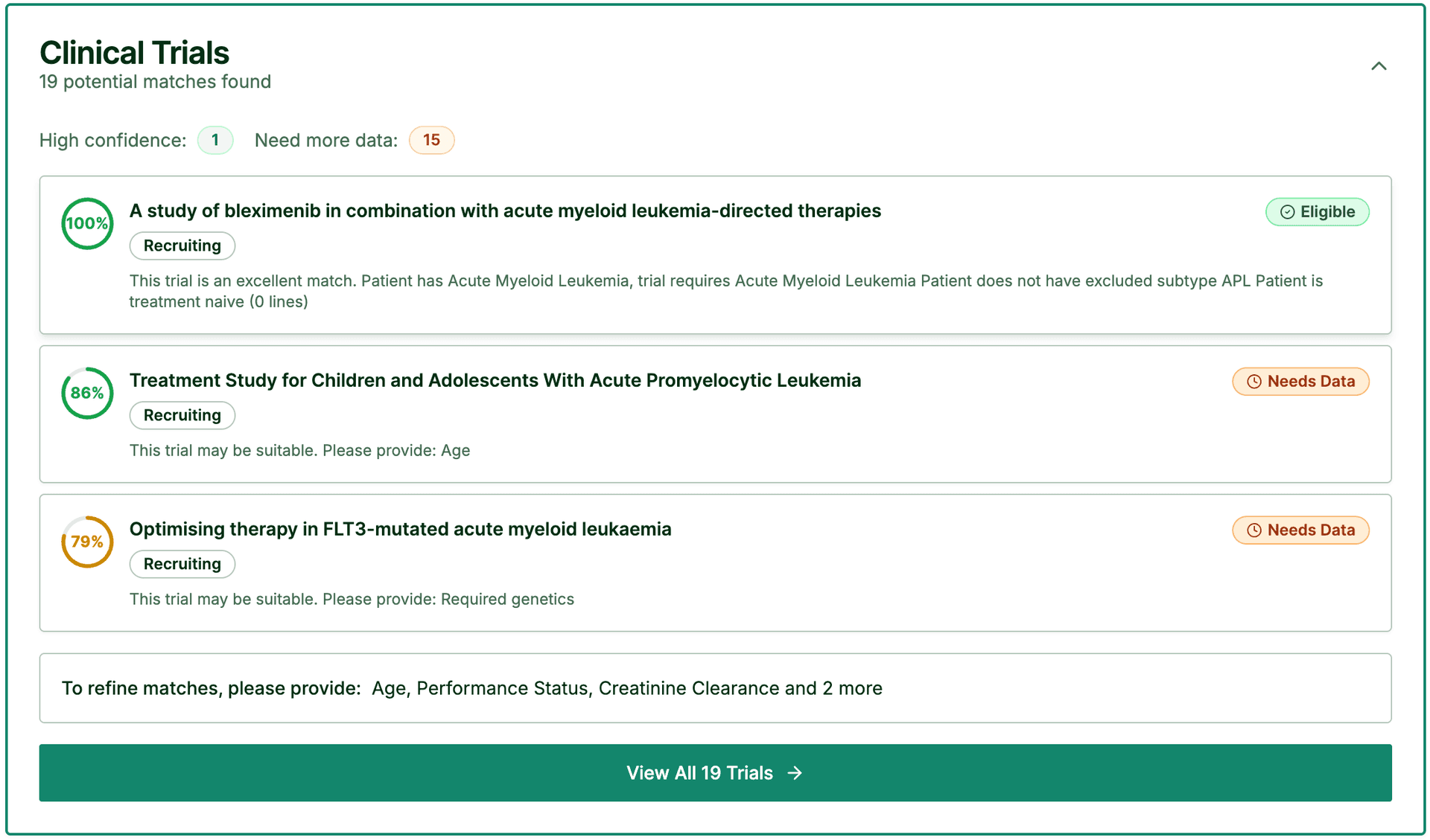 Clinical trial matching showing eligible trials with confidence scores