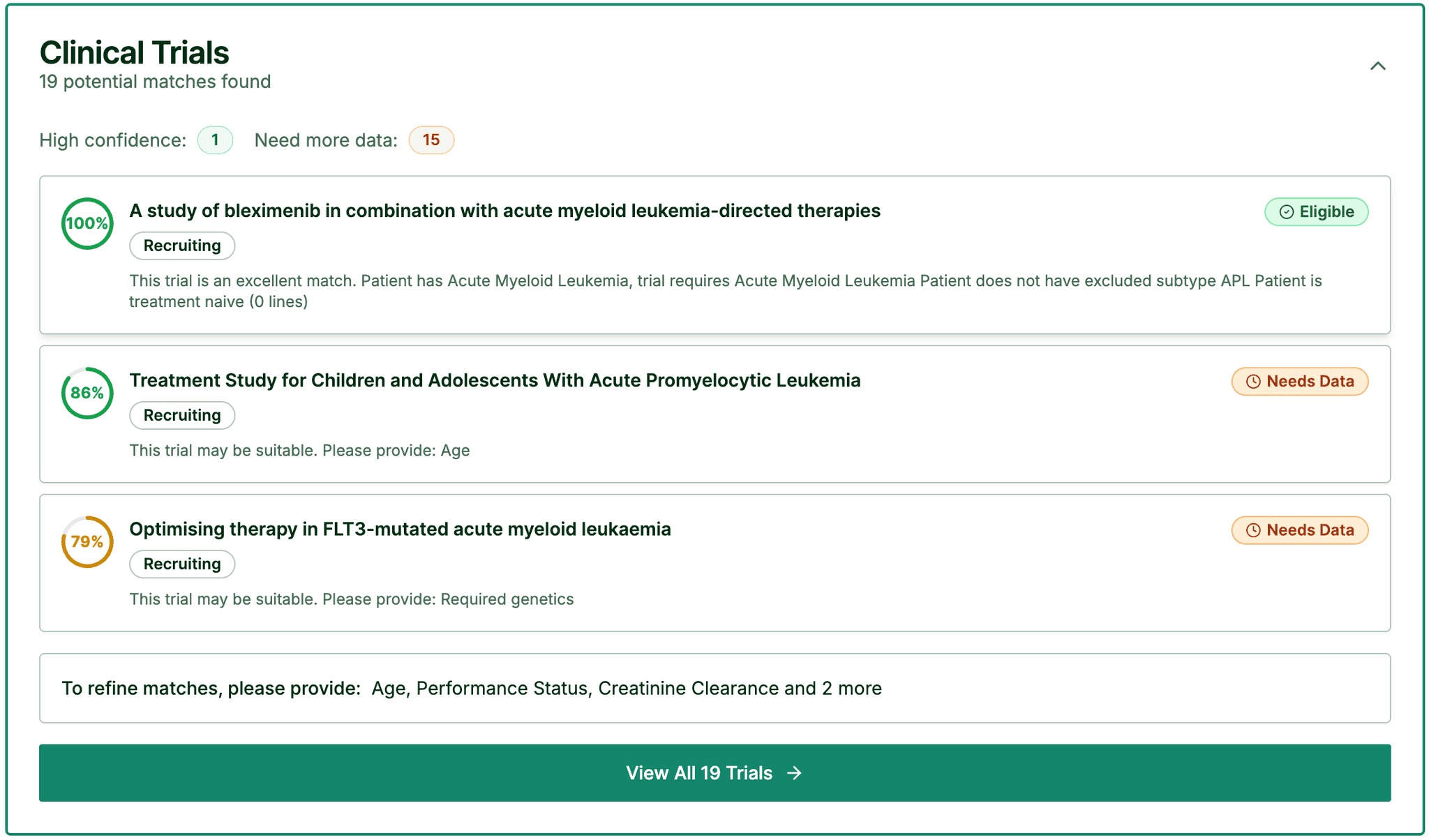 Clinical trial matching showing eligible trials with confidence scores