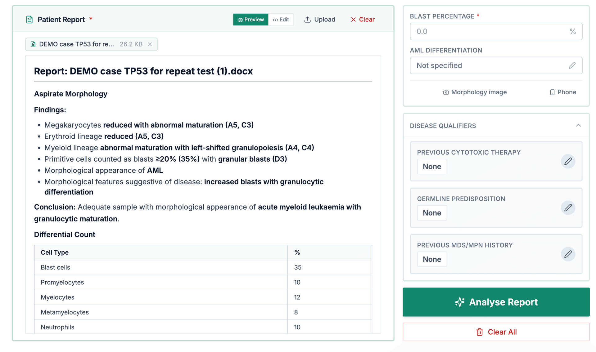 Report upload interface showing AI-powered extraction from a TP53 case report