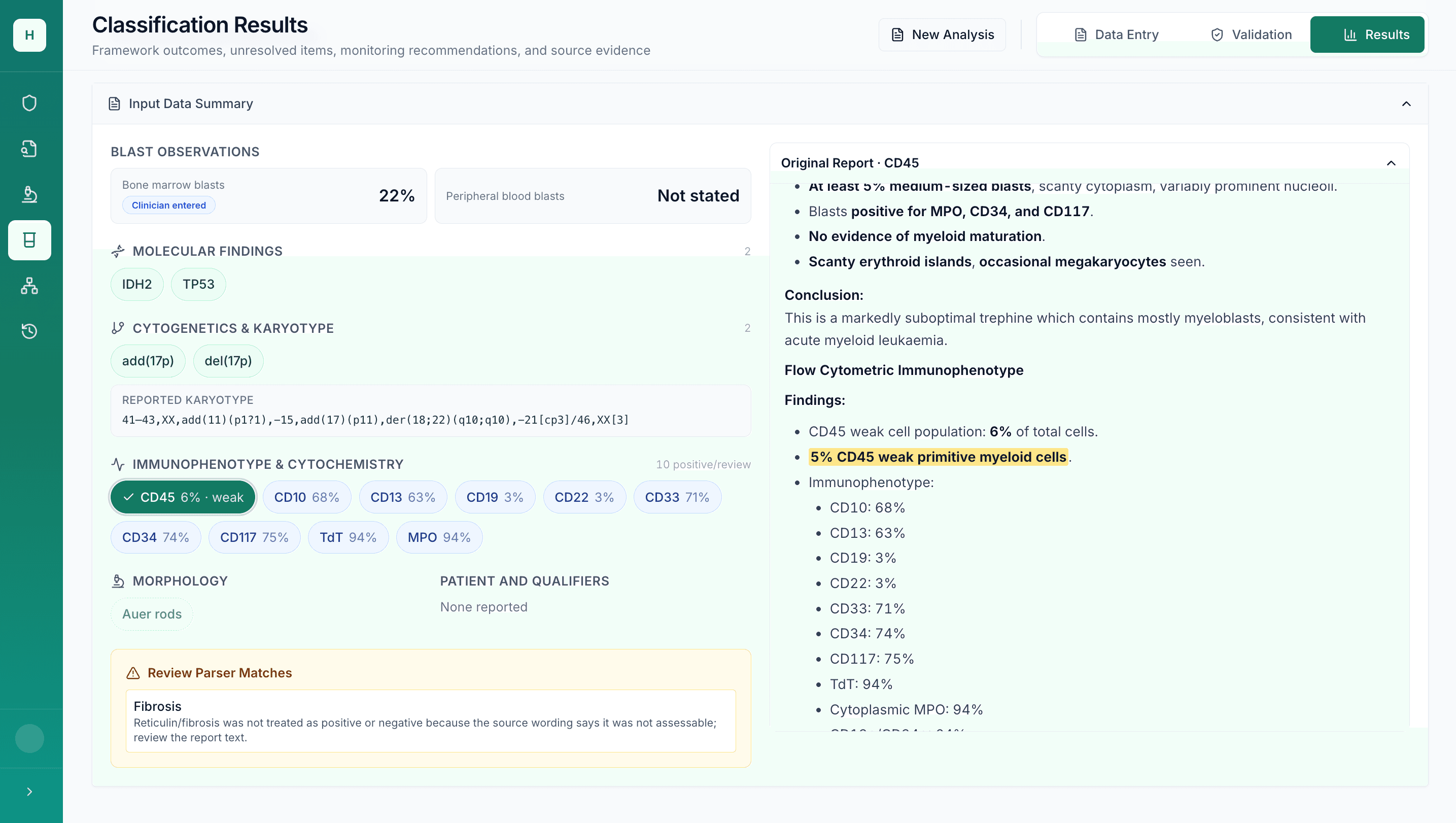 Classification results input summary showing structured findings beside highlighted source report evidence
